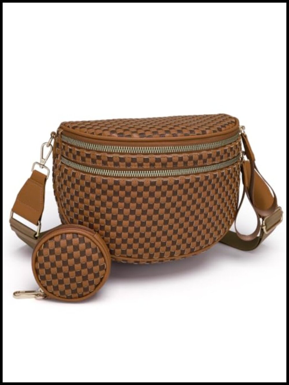 Woven Checkered Crossbody Bag PU Leather Bum Bag with Coin Purse